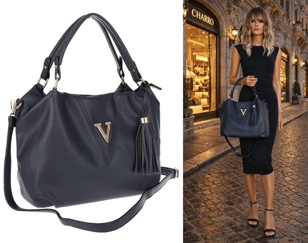 Torebka damska CHARRO z eko skóry shopper z frędzlami CH167 Granatowa