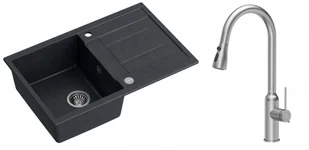 Quadron Zlewozmywak granitowy jednokomorowy 78*50*22 cm z ociekaczem MORGAN 111 BLACK DIAMOND ze stalowym odpływem z baterią JESSICA Q LINE z wyciąganą wylewką i funkcją prysznica kolor stal szczotkowana - Zlewozmywaki z baterią - miniaturka - grafika 1
