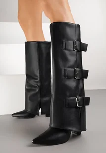 Czarne Kozaki na Obcasie z Wywiniętą Cholewką i Klamrami Draine - Kozaki damskie - miniaturka - grafika 1