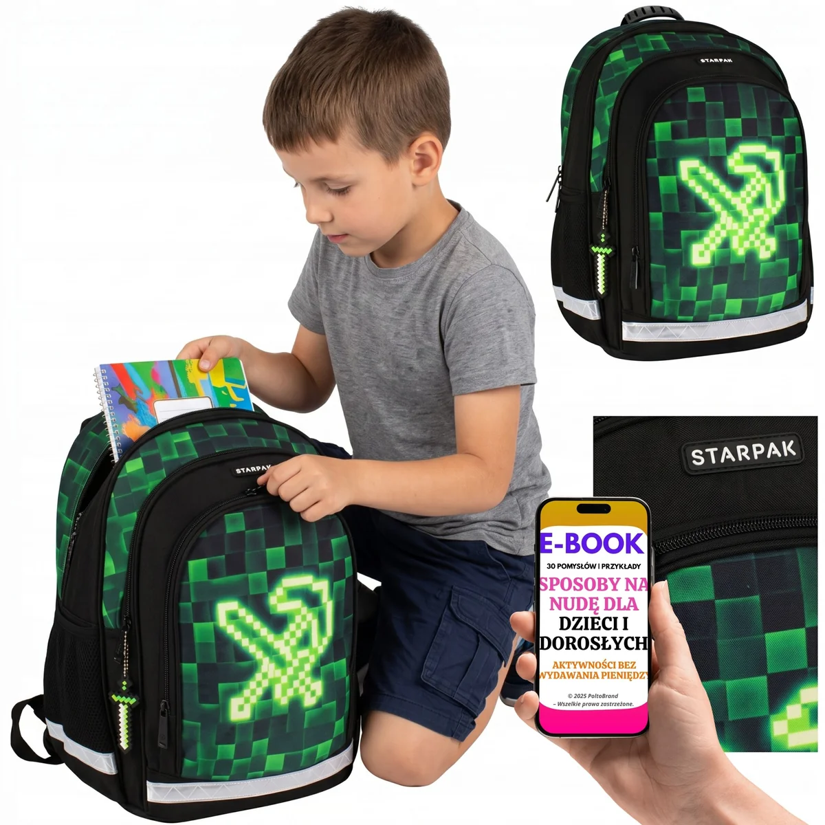 Plecak Szkolny na Prezent dla Ucznia Klasy 1-3 Motyw Gry Pixelowej Zielony + E-BOOK-3