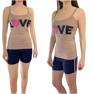 Piżama damska jasny brąz spodenki granatowe love L/XL - Piżamy damskie - miniaturka - grafika 1