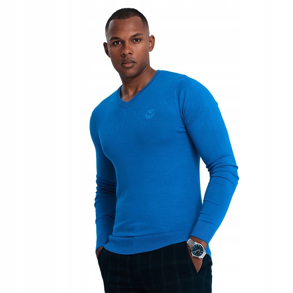 Klasyczny męski sweter w serek niebieski dekolt V-neck V19 OM-SWBS-0107 XL