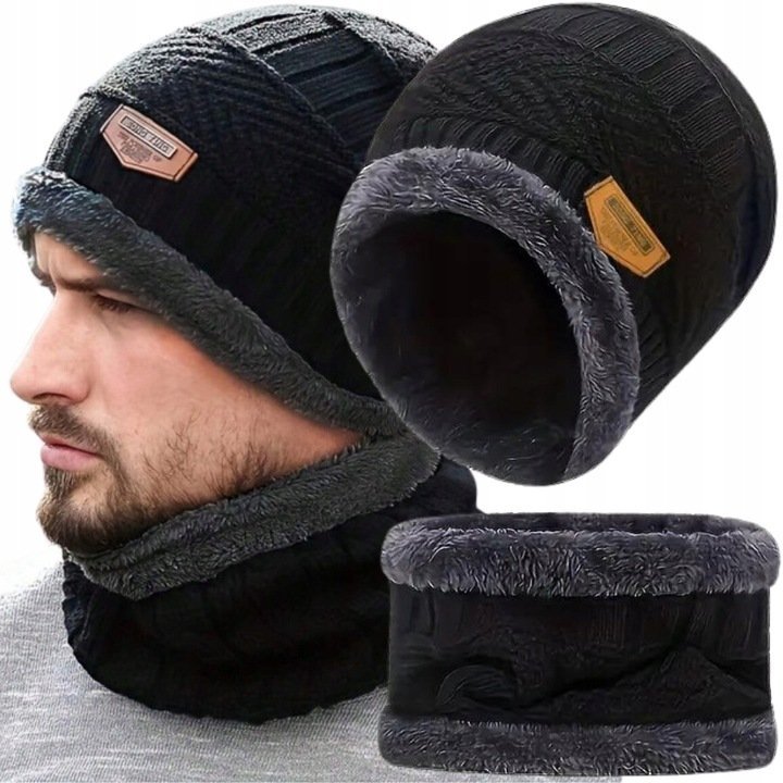 Czapka I Komin Zestaw Męska Damska Zimowa Ciepła Dwuwarstwowa Beanie Czarny