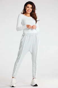 Bawełniane Spodnie z Ozdobnymi Przeszyciami - Szare - Spodnie sportowe damskie - miniaturka - grafika 1