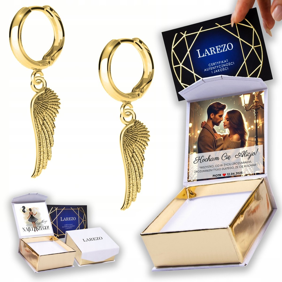 Złote Kolczyki 925 ze Skrzydłami Wiszącymi Skrzydła Skrzydełka NADRUK