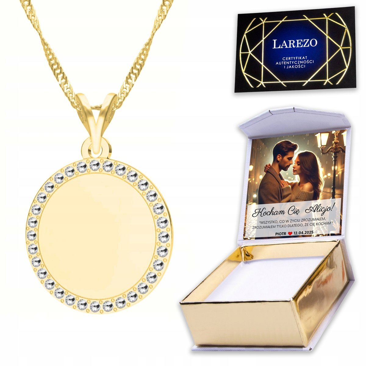 Złoty Naszyjnik 925 Kółko z Kryształkami Koło Cyrkonie Kryształy + NADRUK