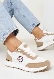 Beżowe Sneakersy z Metalicznymi Wstawkami i Drobnym Haftem c - Sneakersy damskie - miniaturka - grafika 1