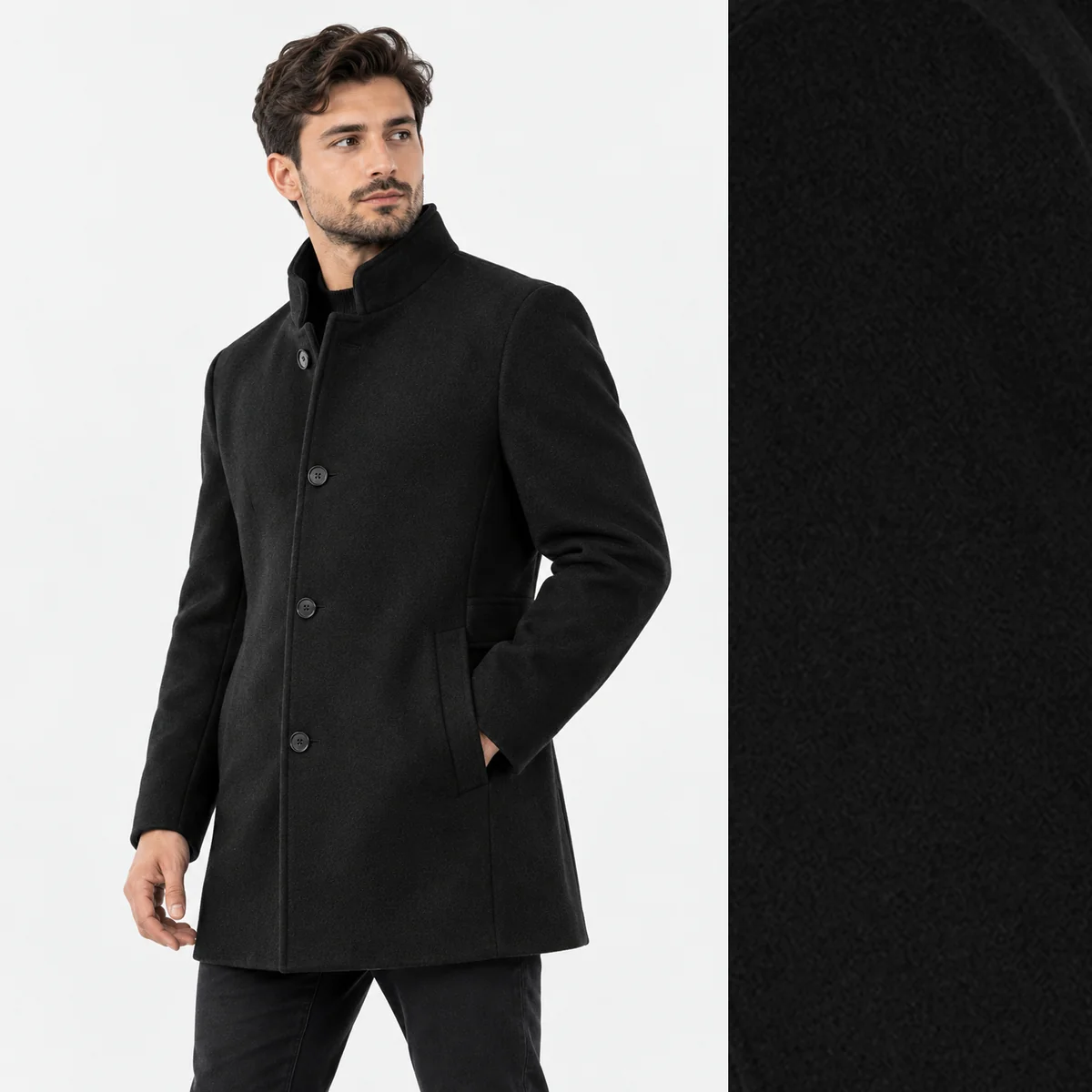 Płaszcz Męski Jednorzędowy Wełniany Z Odpinaną Stójką Elegancki Czarny 52