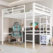 Łóżka dla dzieci i młodzieży - Łóżko piętrowe 140 x 200 cm z biurkiem i półkami - ładowanie USB i typu C - metal i płyta MDF - białe (bez materaca) - miniaturka - grafika 1