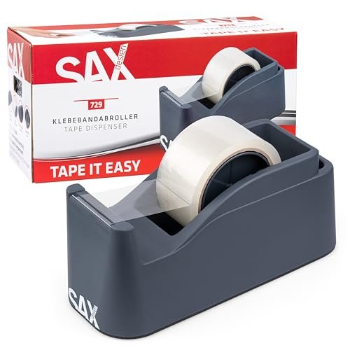 SAX Tape it Easy XXL jednoręczna taśma klejąca, bardzo ciężka | do 1 taśmy 50 mm lub 2 x 25 mm taśmy, dozownik taśmy z funkcją uchwytu na długopisy, antypoślizgowy, w zestawie dwustronne ostrze,
