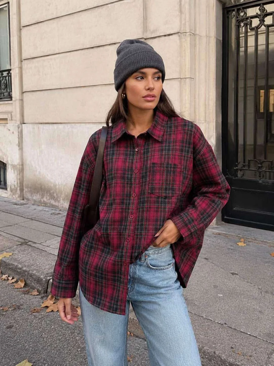 [r. M/L] Koszula damska oversize w kratę z kieszenią czerwona