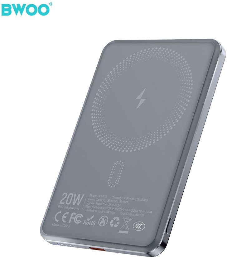 BWOO P79 ultracienki powerbank 5000mAh z ładowaniem magnetycznym szary