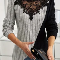 Bluzki damskie - TEMU Elegancki top damski z kolorowym blokiem, okrągłym dekoltem, długim rękawem, mieszanką poliestru z detalem koronkowym, obcisły pulower na każdą - miniaturka - grafika 1