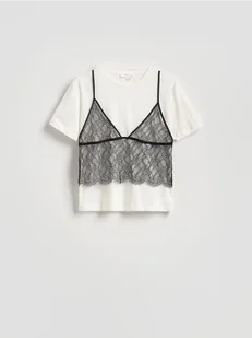 Reserved - T-shirt z koronkowym topem - złamana biel - Koszulki i topy damskie - miniaturka - grafika 1