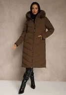 Kurtki damskie - Brązowa Pikowana Kurtka o Długim Kroju z Kapturem z Futrem Galianesa - miniaturka - grafika 1