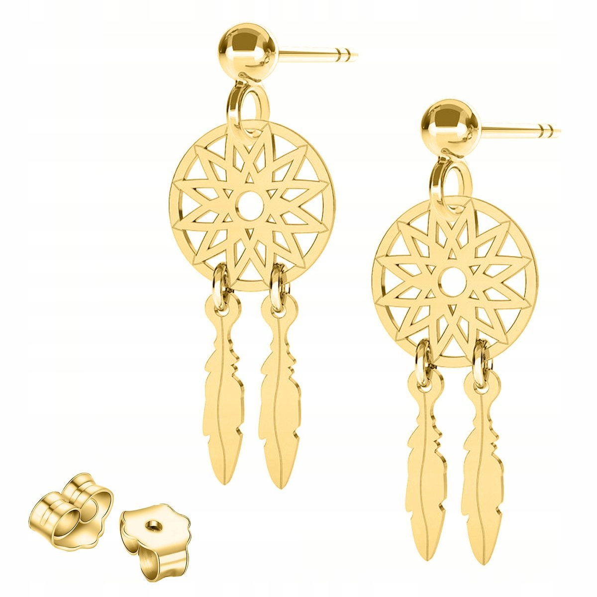 Złote Kolczyki Łapacze Snów Gwiazdy z Łapaczem Piórka Pióra SREBRO 925