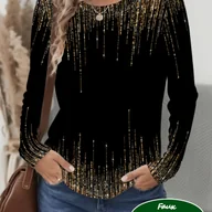 Bluzki damskie - TEMU Damski T-Shirt z Długim Rękawem, Sequin 2D Print, Paski z Cekinami, Okrągły Dekolt, Dopasowany Fason, Casual, Modny, Na Imprezę i Codzienność, - miniaturka - grafika 1