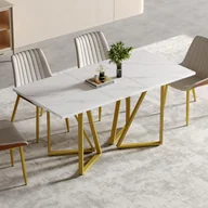 Stoły - Nowoczesny rozkładany stół jadalny z wzorem marmuru i regulowanymi metalowymi nogami, idealny do jadalni i kuchni (biały + złoty) - miniaturka - grafika 1