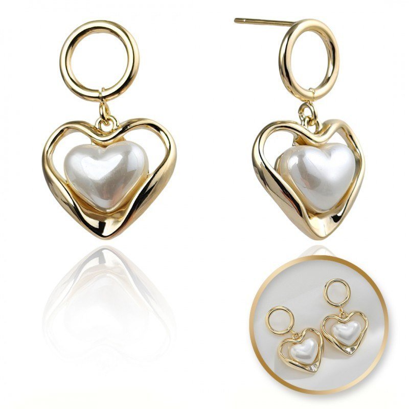 Kolczyki Ze Stali Szlachetnej Platerowane 14K Złote, Perły Serca Kst3341