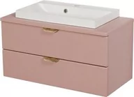Szafki łazienkowe - Szafka łazienkowa pudrowy róż 80 cm MAGNOLIA z blatem i umywalką - złote uchwyty - miniaturka - grafika 1