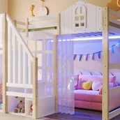 Łóżka dla dzieci i młodzieży - Łóżko piętrowe 140 x 200 cm - z oświetleniem LED - z drabinką - ze schowkami - biały + naturalny - miniaturka - grafika 1