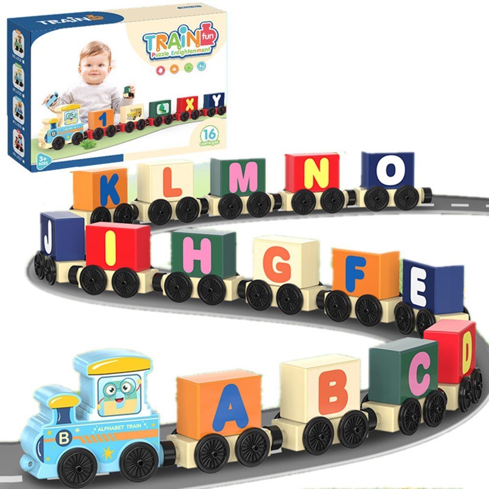EDUKACYJNY POCIĄG DREWNIANY Z LITERKAMI – TRAIN FUN 16 ELEMENTÓW
