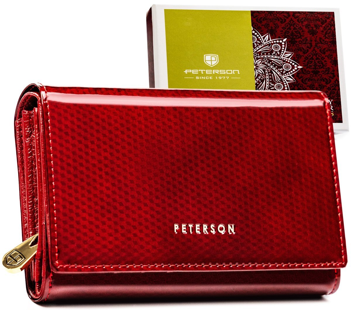 Portfel damski skórzany PETERSON lakierowany średniej wielkości rozbudowany na karty i dokumenty RFID elegancki czerwony