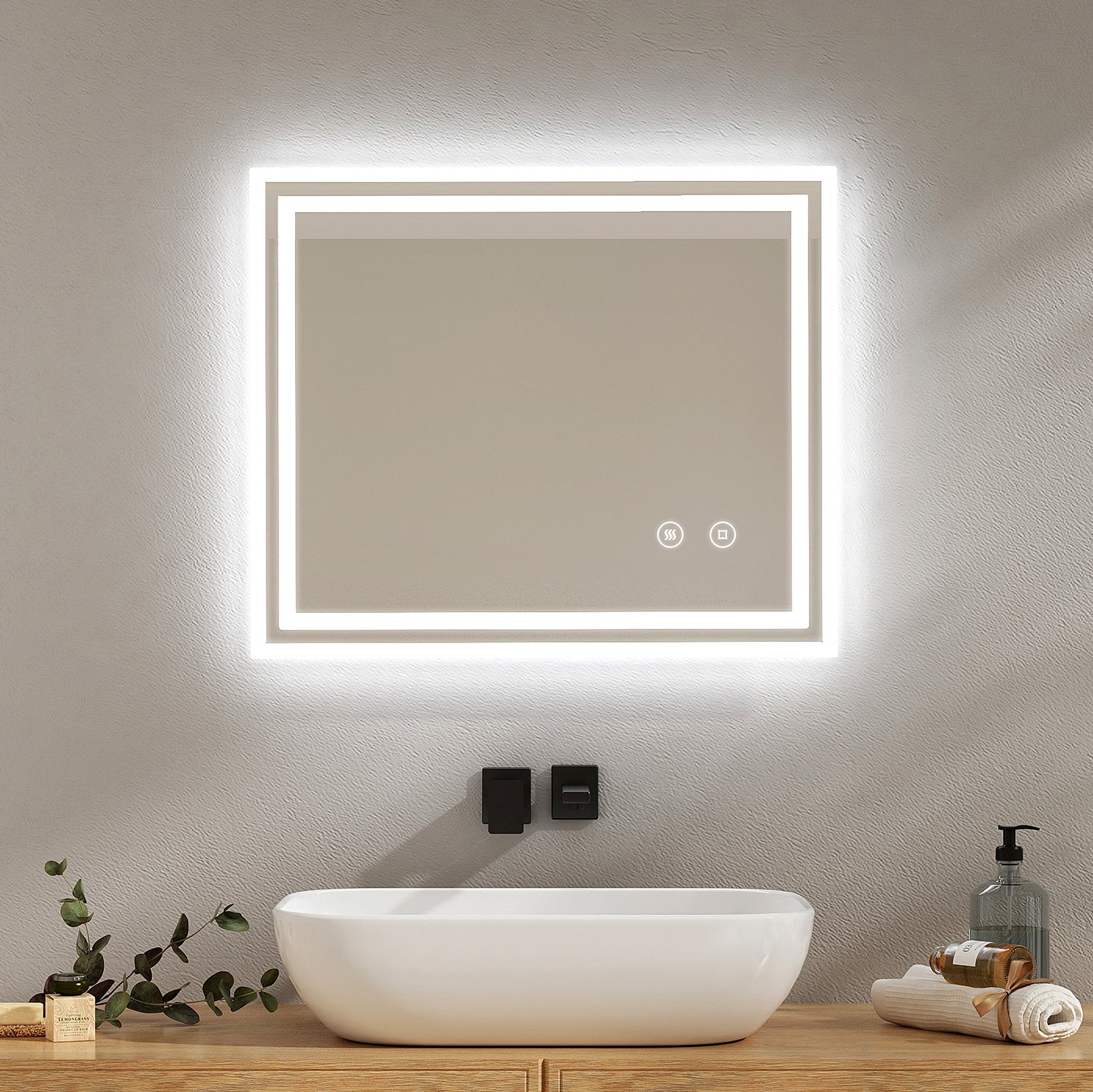 EMKE LED lustro łazienkowe 60x50cm lustro łazienkowe z oświetleniem zimna biel podświetlane lustro łazienkowe lustro ścienne z włącznikiem dotykowym + przeciwmgielne IP44 energooszczędne