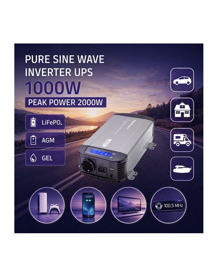 qoltec Przetwornica napięcia Pure Sine Wave 12V na 230V 1000/2000WUPS BYPASS