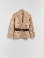 Swetry damskie - Reserved - Kardigan z paskiem - kremowy - miniaturka - grafika 1