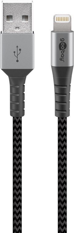 Kabel tekstylny Lightning do USB-A z metalowymi wtyczkami, wyjątkowo wytrzymały kabel połączeniowy do Apple iPhone, iPad, iPod, AirPod, zoptymalizowana ochrona przed zagięciami