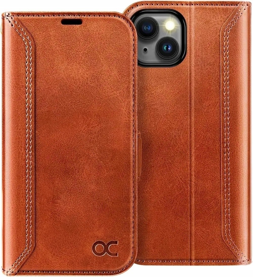 Ocase etui skórzane do iPhone 15 stojak portfel Rfid karty retro brąz