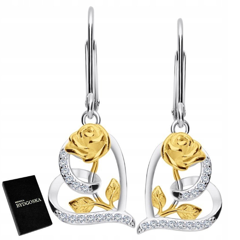 Srebrne kolczyki serca róże wiszące kwiatki kolczyki srebro pozłacane