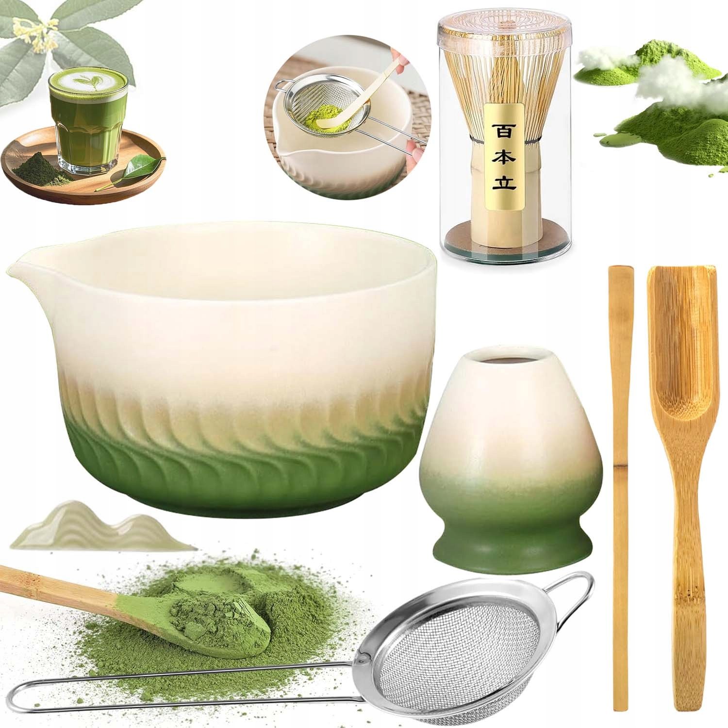 Zestaw Prezentowy Do Herbaty Matcha Czarka Miotełka Podstawka Łyżeczka 7W1