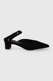 Czółenka - Tommy Hilfiger szpilki zamszowe TH POINTY MID HEEL LEATHER MULE kolor czarny na słupku z odkrytą piętą FW0FW07718 - grafika 1