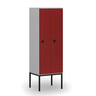 Szafy biurowe - Drewniana szafa ubraniowa z podstawą, 2 przegródki, zamek kodowy, szary/czerwony - miniaturka - grafika 1