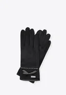 Rękawiczki - Damskie rękawiczki z kokardą i delikatnym przeszyciem czarne - miniaturka - grafika 1
