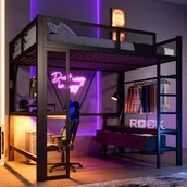 Łóżka dla dzieci i młodzieży - Łóżko piętrowe 140 x 200 cm z biurkiem, 3 szufladami i wieszakiem na ubrania - Metalowe - Port USB, diody LED - Czarne (materac nie jest dołączony) - miniaturka - grafika 1