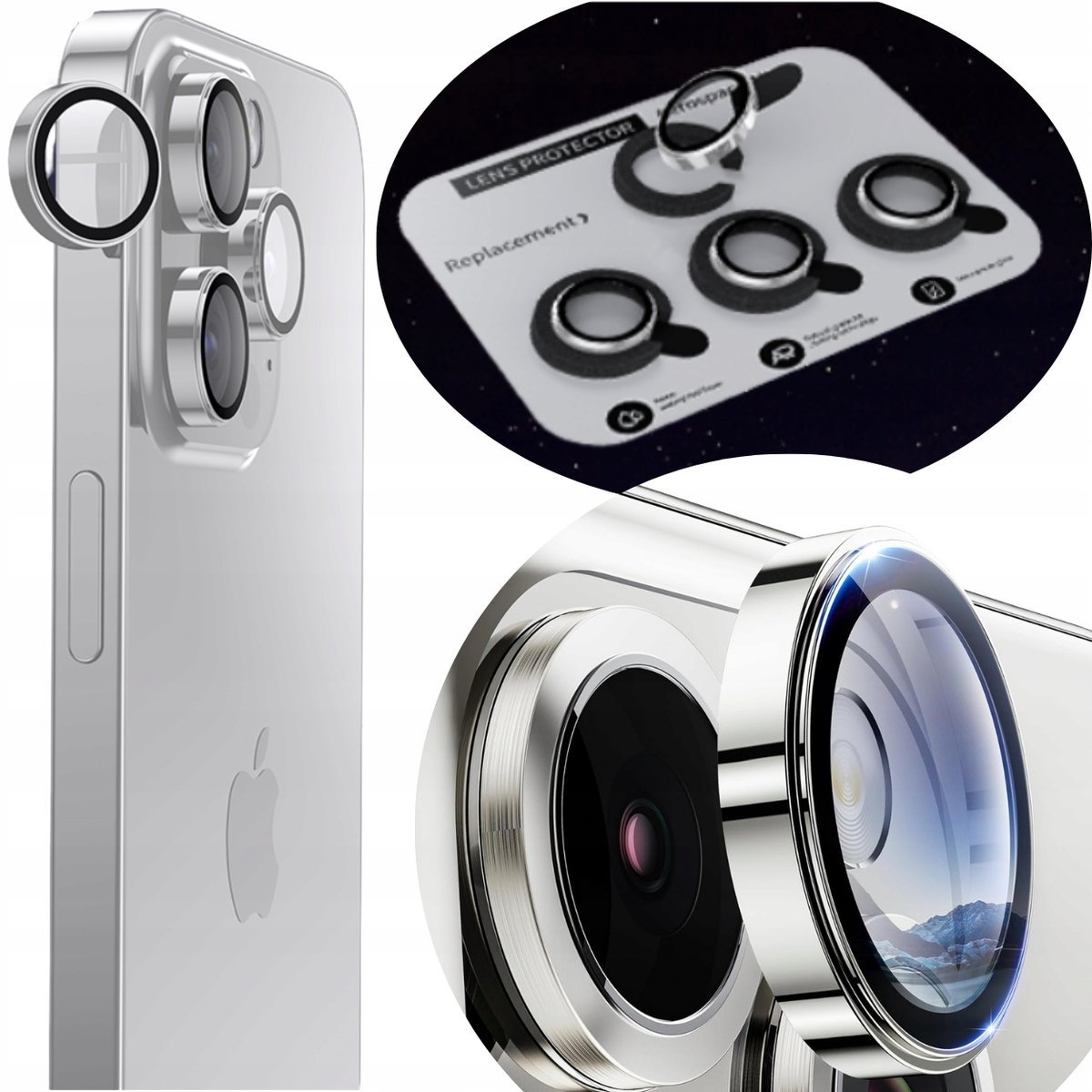 Osłona Ochrona Obiektywu Kamery Aparatu iPhone 15 Pro/Pro Max Szkło 9H 3+1