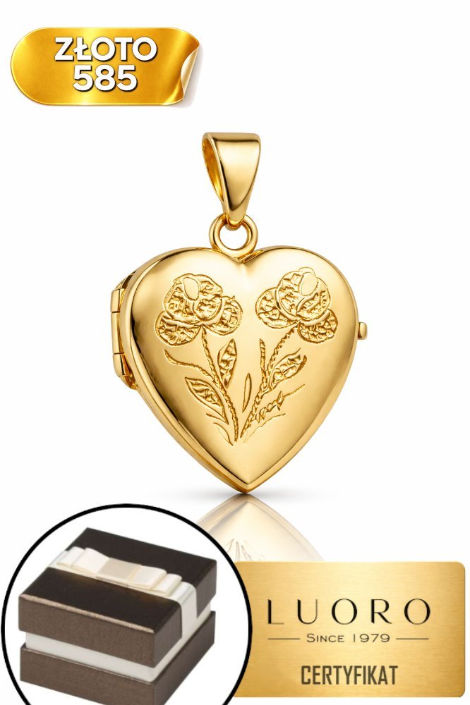 ZAWIESZKA PUZDERKO SERCE ZŁOTE 585 14K GRAWEROWANY KWIATEK 25 MM ELEGANCKA