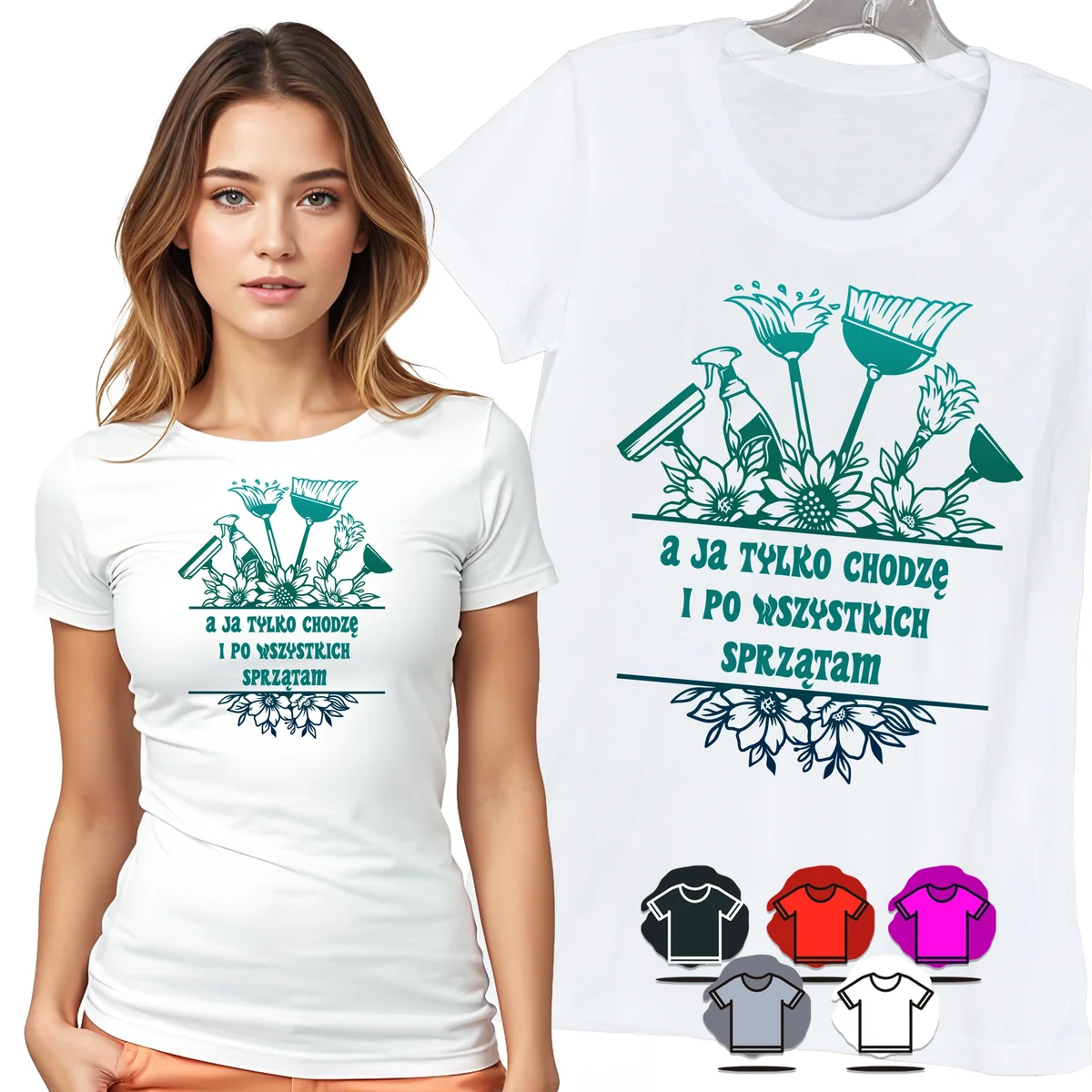 KOSZULKA DAMSKA T-SHIRT - CHODZĘ I PO WSZYSTKICH SPRZĄTAM KWIATY WZÓR - XS