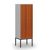 Szafy biurowe - Drewniana szafa ubraniowa z podstawą, 2-drzwiowa, 1871 x 600 x 500 mm, zamek cylindryczny, szary/czereśnia - miniaturka - grafika 1