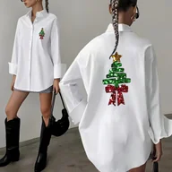 Koszule damskie - TEMU Elegancka Biała Bluzka z Nadrukiem Choinki dla Kobiet - Koszula Długim Rękawie ze Stójką w Czerwone/Zielono-Złote Wzorce Gwiazdy i Drzewek, - miniaturka - grafika 1