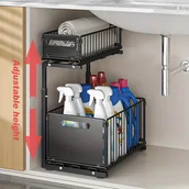 Inne - 2-poziomowy metalowy organizer pod zlew, wysuwane półki do przechowywania w szafce kuchennej i łazienkowej, wysuwany organizer na półkę pod zlew, - miniaturka - grafika 1