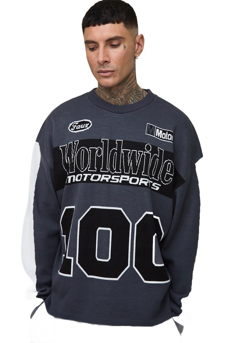 BOOHOOMAN MĘSKI SWETER WZÓR NAPISY KOLOR BLOKOWY OKRĄGŁY DEKOLT S Z3A*