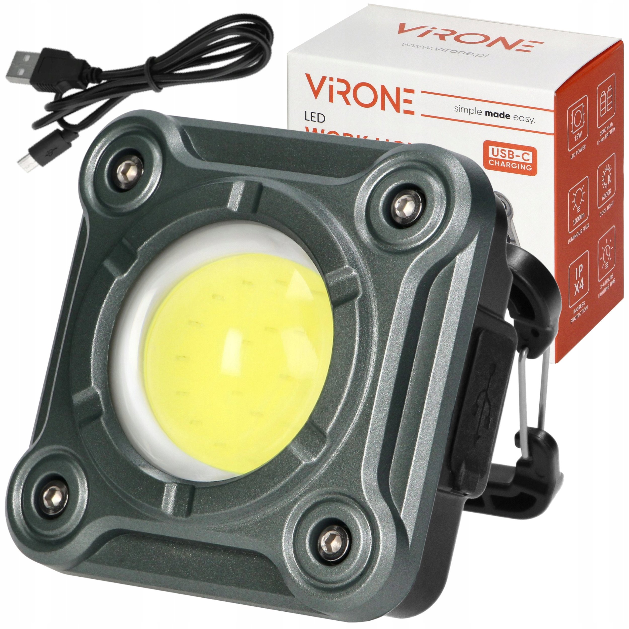 Lampa Warsztatowa Robocza Led Latarka Halogen 15W Akumulatorowa Usb-c Mocna