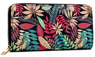 Portfele - Duży portfel damski piórnik na karty i gotówkę na suwak roślinny wzór, różnokolorowy czerwony - miniaturka - grafika 1