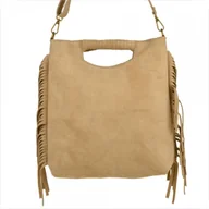 Torebki damskie - Lekka zamszowa torebka na ramię ozdobnymi frędzlami beżowa - miniaturka - grafika 1