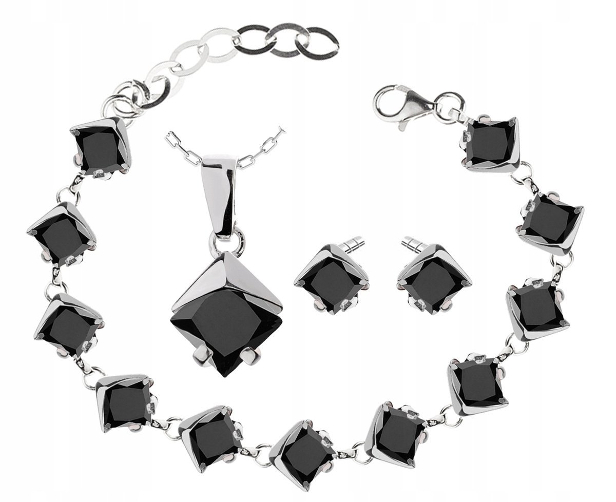 Srebrny Komplet Biżuterii Z Czarnymi Cyrkoniami