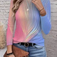 Bluzki damskie - TEMU Damski T-Shirt z Ombre i Kolorowymi Blokami - Długi Rękaw, Okrągły Dekolt, Casualowa Bluzka, Niezbędnik na Wiosnę/Jesień z Przejściem Kolorów - miniaturka - grafika 1